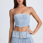 Bandeau Lace-Up Corset Crop Top in Light Blue Stonewash - Image 6
