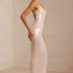 Sheer Sequin V-Neck Cut Out Back Evening Gown in White - Image 3