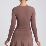 Modal Ruched Crew-Neck Mini Dress in Taupe - Image 2