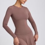 Modal Ruched Crew-Neck Mini Dress in Taupe - Image 6