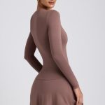 Modal Ruched Crew-Neck Mini Dress in Taupe - Image 7