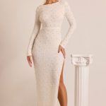 Embellished Long Sleeve Backless Maxi Dress in White - Image 6