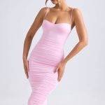 Asymmetric Ruched Midi Dress in Light Pink - Image 4