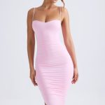 Asymmetric Ruched Midi Dress in Light Pink - Image 9