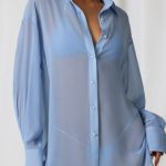 Pearl-Detail Oversized Shirt in Sky Blue - Image 4