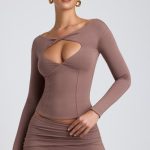 Modal Twist-Front Long-Sleeve Crop Top in Taupe