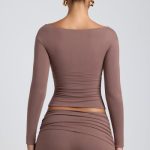 Modal Twist-Front Long-Sleeve Crop Top in Taupe - Image 2