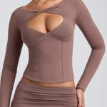 Modal Twist-Front Long-Sleeve Crop Top in Taupe - Image 4