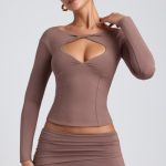 Modal Twist-Front Long-Sleeve Crop Top in Taupe - Image 5