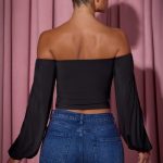 Off-Shoulder Draped Balloon-Sleeve Top in Black - Image 2