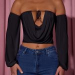 Off-Shoulder Draped Balloon-Sleeve Top in Black - Image 4