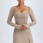 Modal Square-Neck A-Line Mini Dress in Taupe