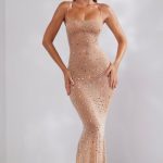 Sheer Embellished Scoop Neck Evening Gown in Almond - Image 6