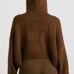 Cropped Zip Up Chunky Knit Hoodie in Espresso - Image 2