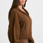 Cropped Zip Up Chunky Knit Hoodie in Espresso - Image 3