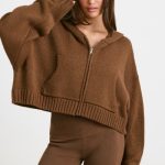 Cropped Zip Up Chunky Knit Hoodie in Espresso - Image 5