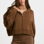 Cropped Zip Up Chunky Knit Hoodie in Espresso - Image 6