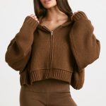 Cropped Zip Up Chunky Knit Hoodie in Espresso - Image 7
