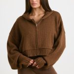 Cropped Zip Up Chunky Knit Hoodie in Espresso - Image 8