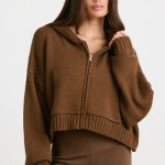 Cropped Zip Up Chunky Knit Hoodie in Espresso - Image 9