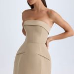 Foldover-Neck Structured Tulip Mini Dress in Camel