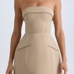 Foldover-Neck Structured Tulip Mini Dress in Camel - Image 2