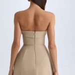 Foldover-Neck Structured Tulip Mini Dress in Camel - Image 3