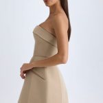 Foldover-Neck Structured Tulip Mini Dress in Camel - Image 4