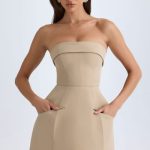 Foldover-Neck Structured Tulip Mini Dress in Camel - Image 6