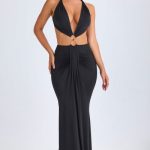 Hardware Detail Cut-Out Halterneck Maxi Dress in Black