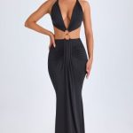 Hardware Detail Cut-Out Halterneck Maxi Dress in Black - Image 5
