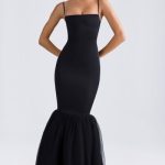 Tulle Hem Fishtail Gown in Black