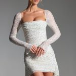 Embellished Draped Cowl-Neck Mini Dress in White