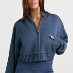 Cropped Zip Up Chunky Knit Hoodie in Washed Navy