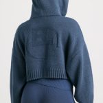 Cropped Zip Up Chunky Knit Hoodie in Washed Navy - Image 2