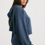Cropped Zip Up Chunky Knit Hoodie in Washed Navy - Image 3