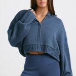 Cropped Zip Up Chunky Knit Hoodie in Washed Navy - Image 6