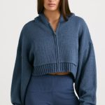 Cropped Zip Up Chunky Knit Hoodie in Washed Navy - Image 7