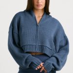 Cropped Zip Up Chunky Knit Hoodie in Washed Navy - Image 8