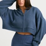 Cropped Zip Up Chunky Knit Hoodie in Washed Navy - Image 9
