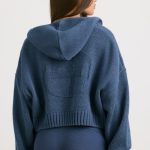 Cropped Zip Up Chunky Knit Hoodie in Washed Navy - Image 10