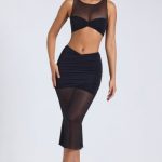 Sheer Panelled Draped Midaxi Skirt in Black