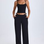 Belted Cut-Out Wide-Leg Trousers in Black