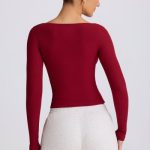 Ribbed Modal Ruched V-Neck Top in Burgundy - Image 2