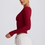 Ribbed Modal Ruched V-Neck Top in Burgundy - Image 3