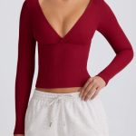 Ribbed Modal Ruched V-Neck Top in Burgundy - Image 4