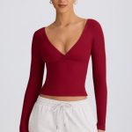 Ribbed Modal Ruched V-Neck Top in Burgundy - Image 5