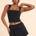 Brushed Twill Mid Rise Pleated Micro Mini Skirt in Black