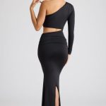 Single Sleeve Cut Out Evening Gown in Black - Image 2