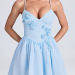 Halterneck Floral-Appliqu?? Corset Mini Dress in Powder Blue - Image 4